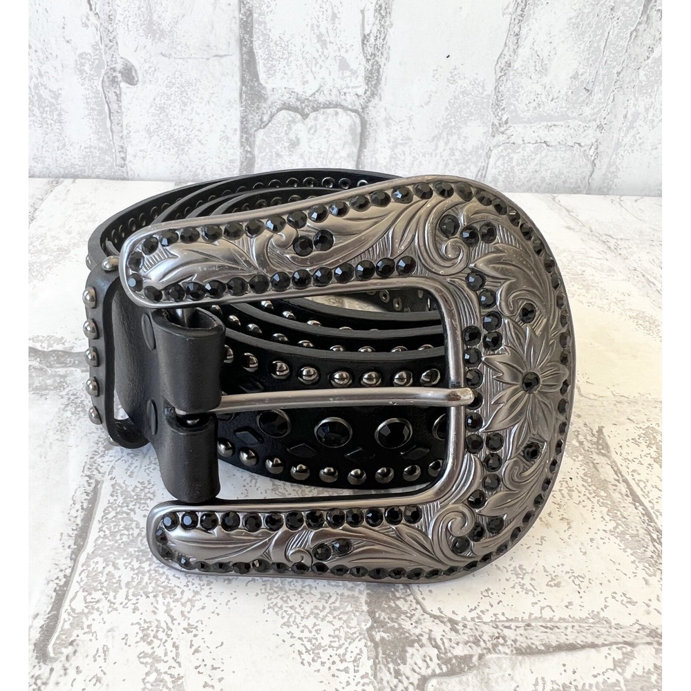 Nocona Western Belt Leather Rhinestones Bling Black Studded Size XL READ*